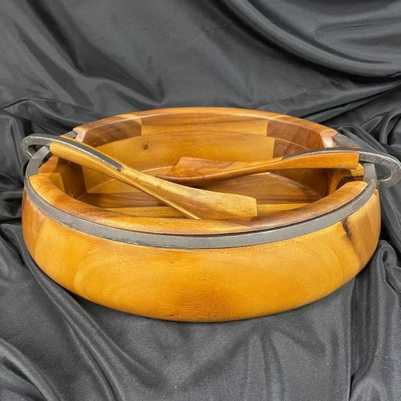 Nambe Salad Set Acacia Wood and Iron Finished Metal Set with 14" Servers Brown - Picture 2 of 9